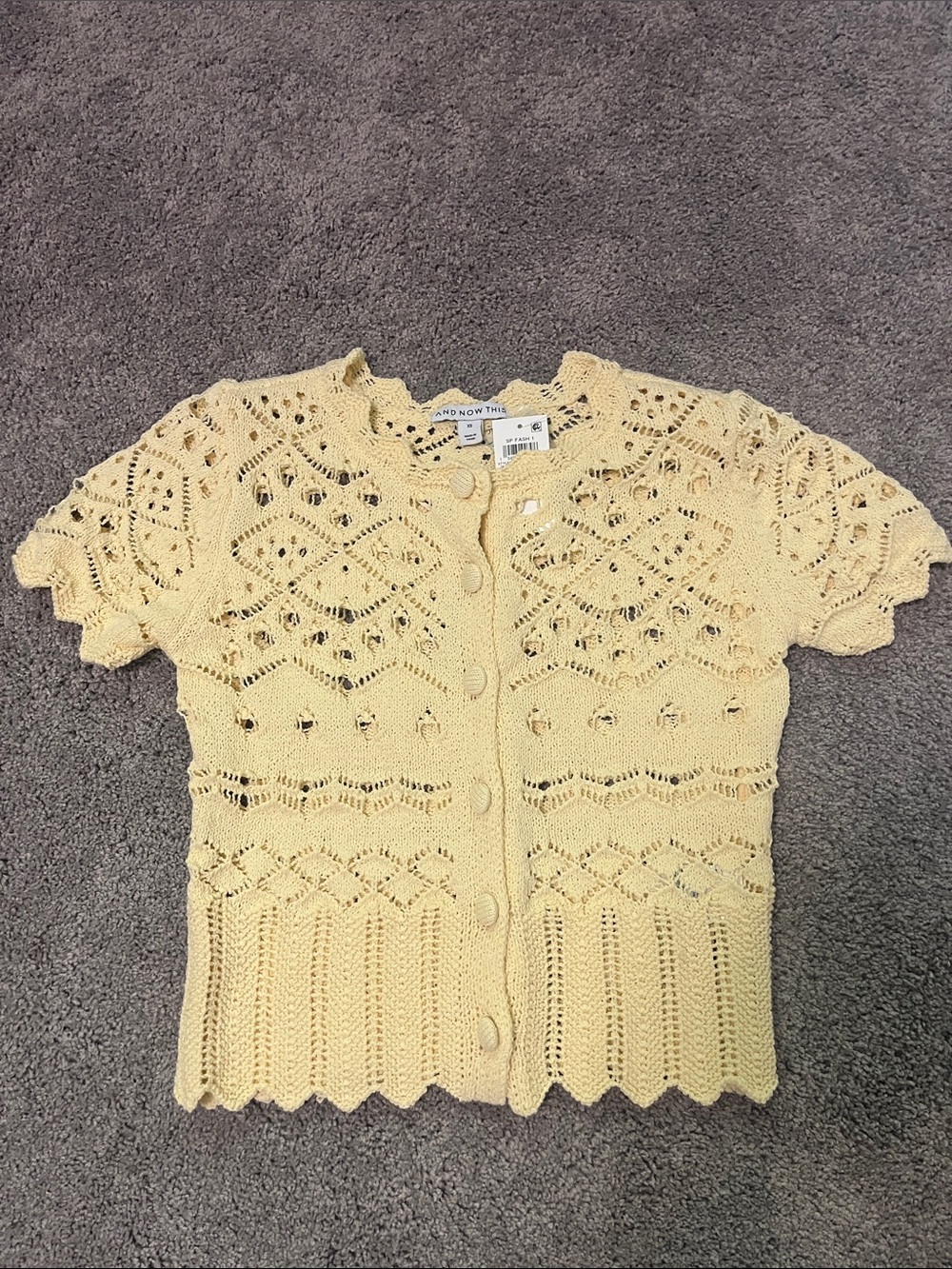 Pale Yellow Crochet Knit Button-Front Top